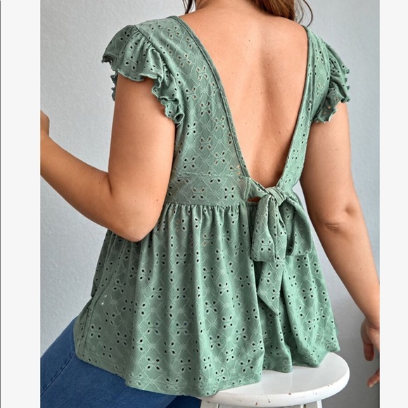 Plus Size Lace Eyelet Embroidered Back bow Top Blouse Shirt - Picture 10 of 14